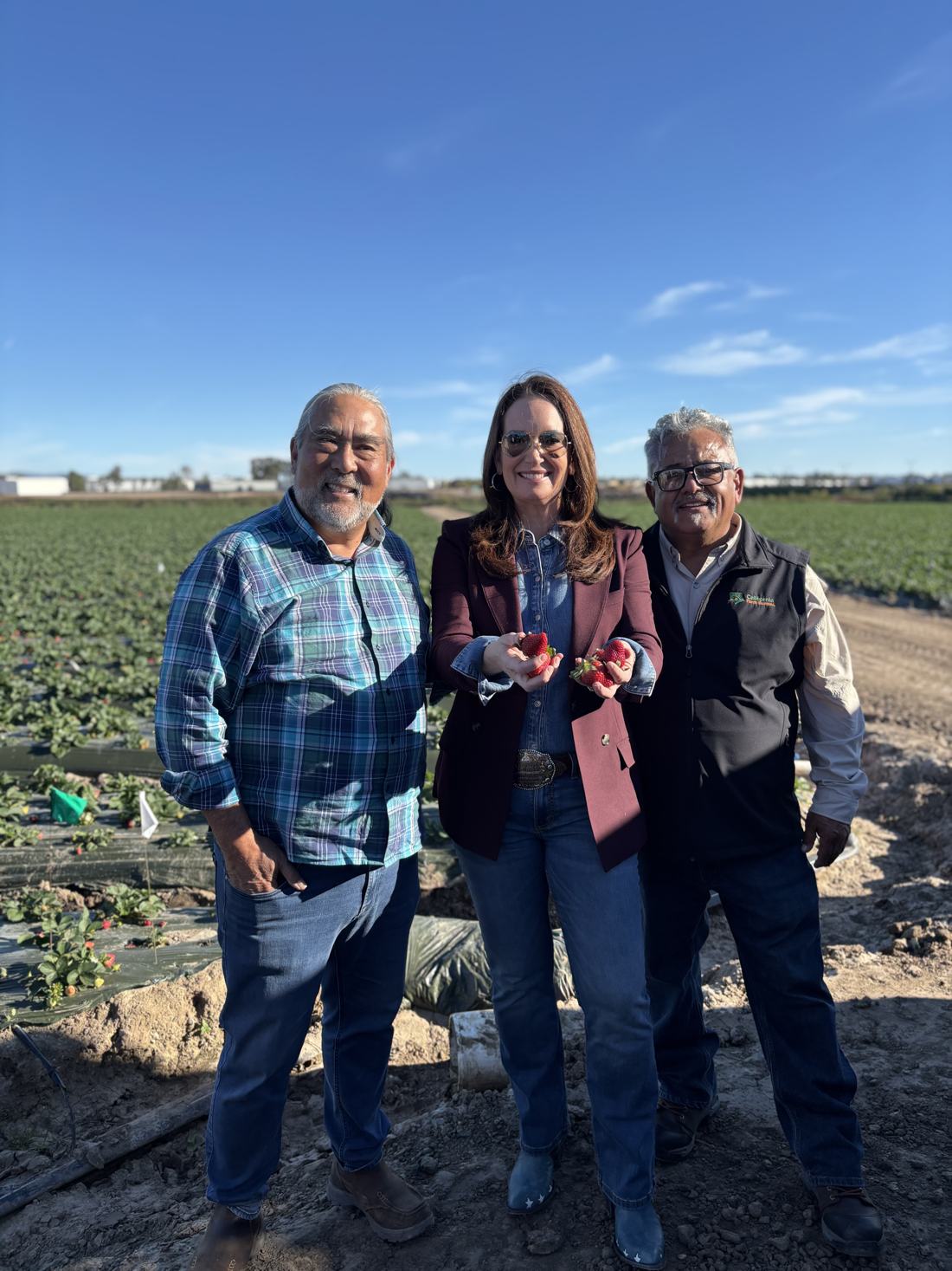 A.G. Kawamura and Mark Lopez with U.S. Secretary of Agriculture Brooke L. Rollins in a Vorterra-equipped strawberry field