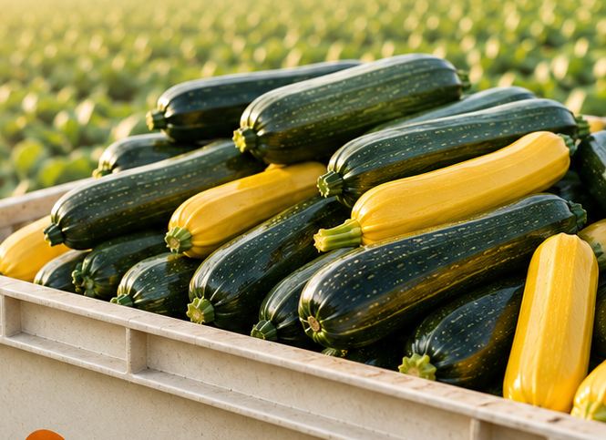 Crates of summer squash from the demonstration harvest, crop rows behind